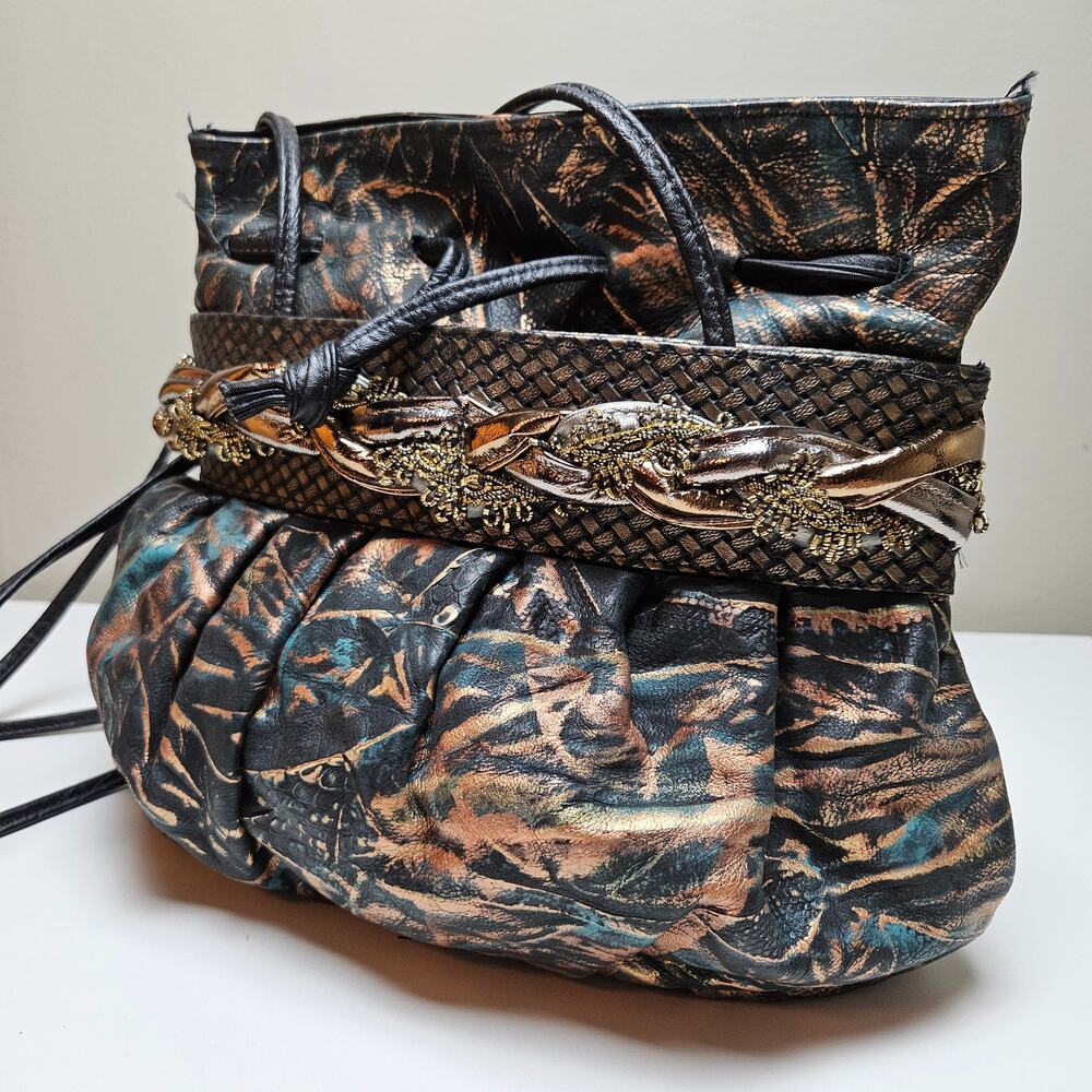 Vintage‎ Leather Painted Purse Double Strap Black Copper Metallic Cinch